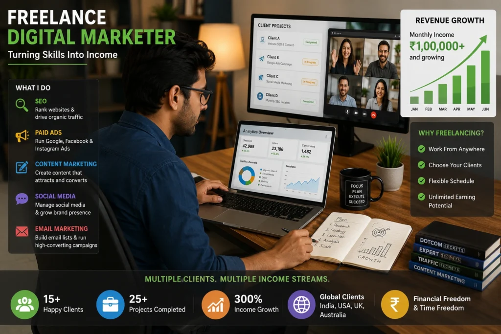 Freelance digital marketer building high-income online marketing career.