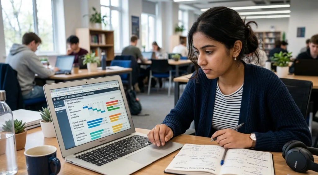 Student learning digital marketing skills through practical training and live projects.
