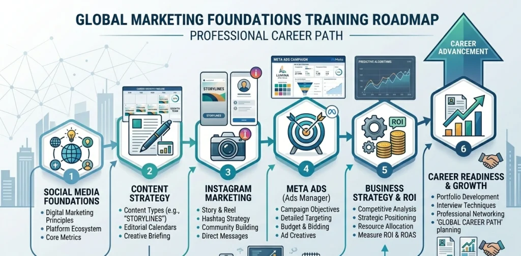 Social media marketing curriculum covering Instagram, Meta Ads, and content strategy.