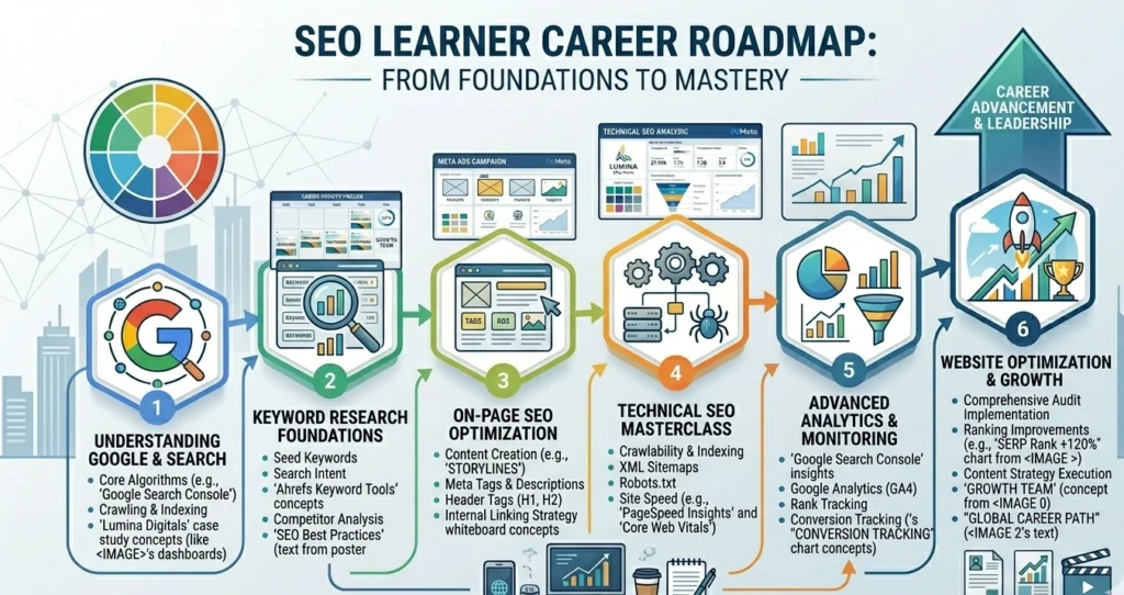 SEO learning roadmap showing the progression from fundamentals to advanced optimization skills.