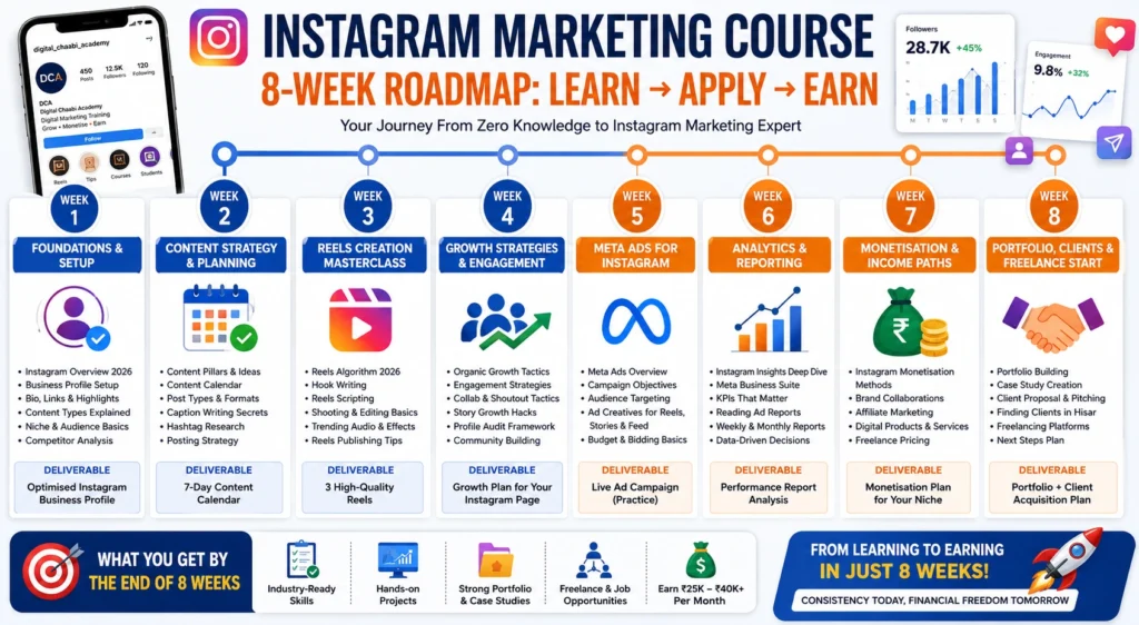 Instagram marketing learning roadmap covering growth, ads, content creation, and freelancing.