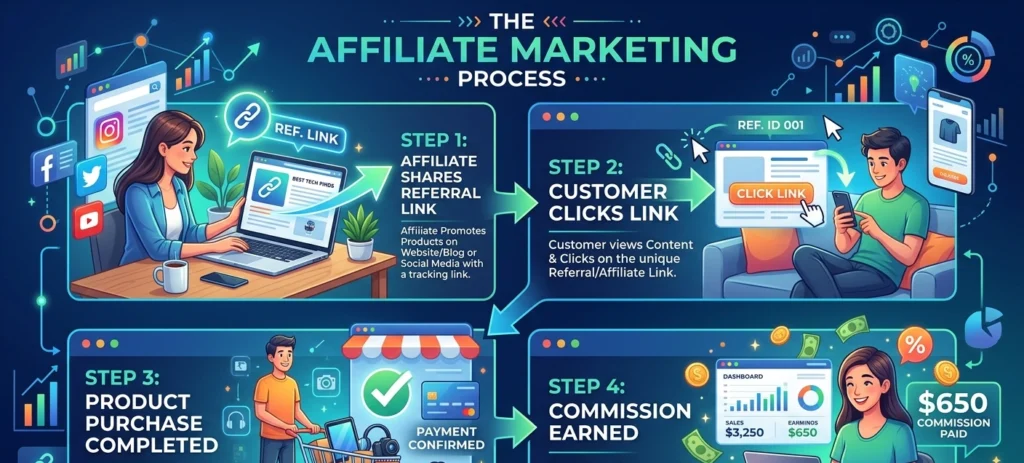 How affiliate marketing works through referral links and commissions.