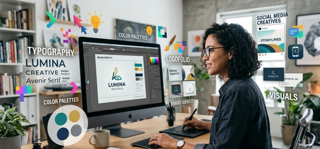 Graphic designer creating logos, branding and visual communication designs.