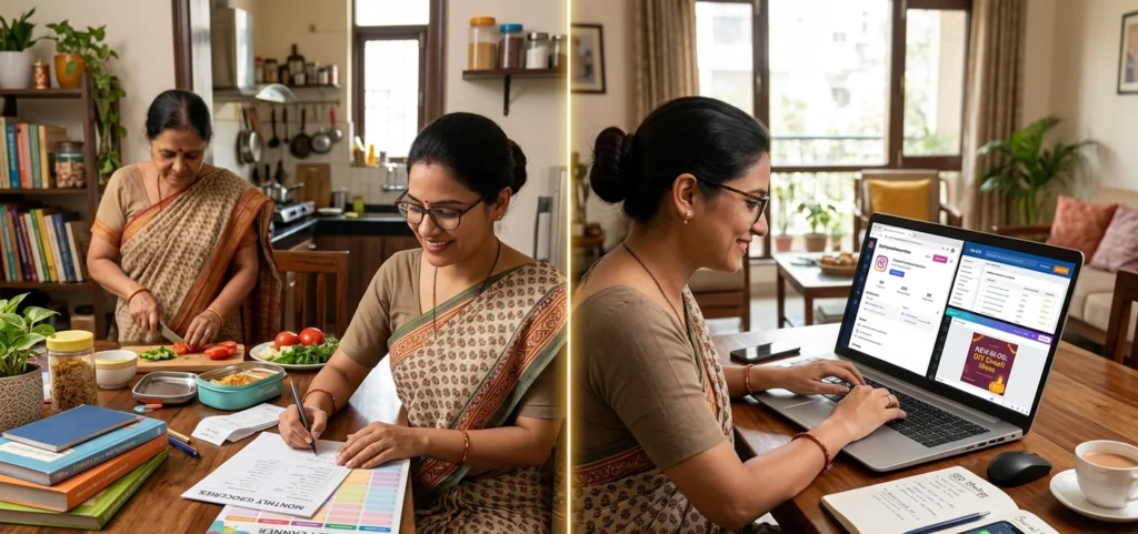 Housewife learning digital marketing skills while managing household responsibilities.