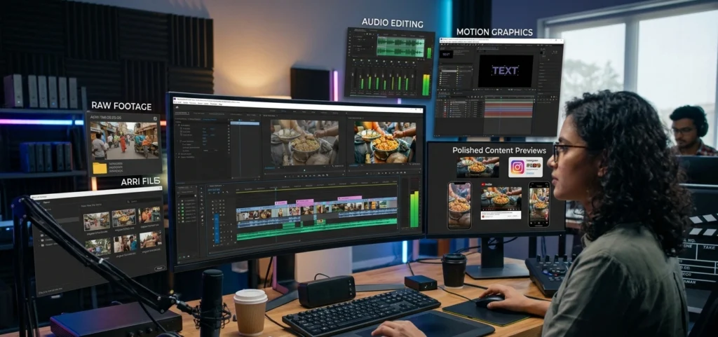 Professional video editing process from raw footage to finished content.