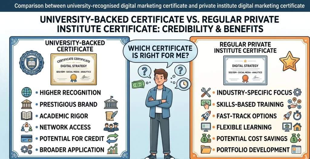 Comparison between university-recognised digital marketing certification and private institute certificates.
