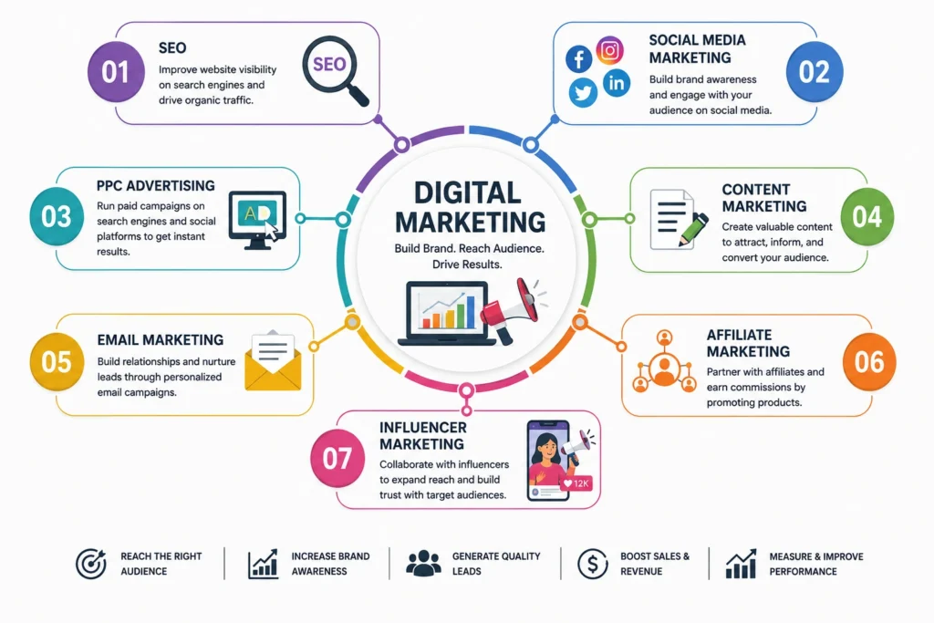 Seven types of digital marketing including SEO social media PPC and content marketing