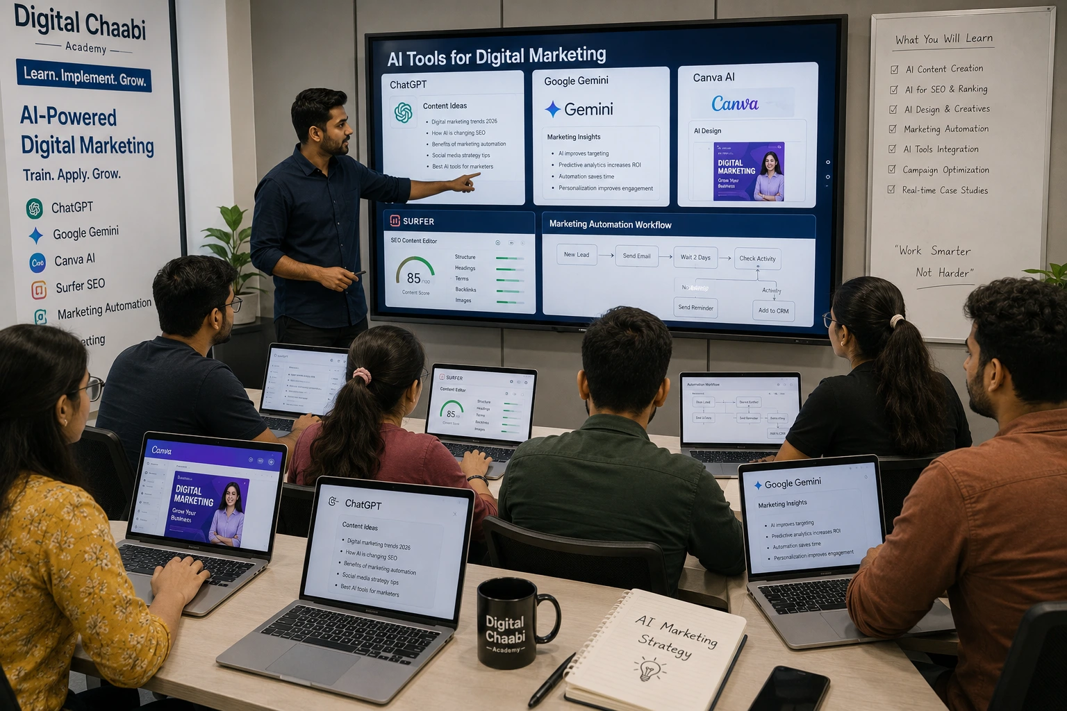 Students learning AI in digital marketing with ChatGPT, Google Gemini, Canva AI, Surfer SEO, and marketing automation tools in a modern classroom.