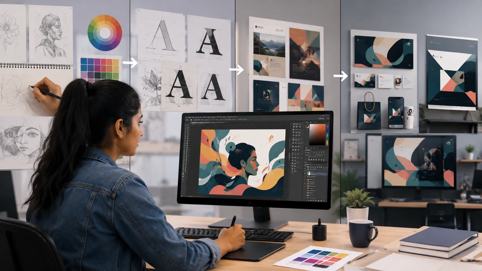 Indian graphic design student learning from basic sketches and color theory to advanced digital design in a modern creative studio.