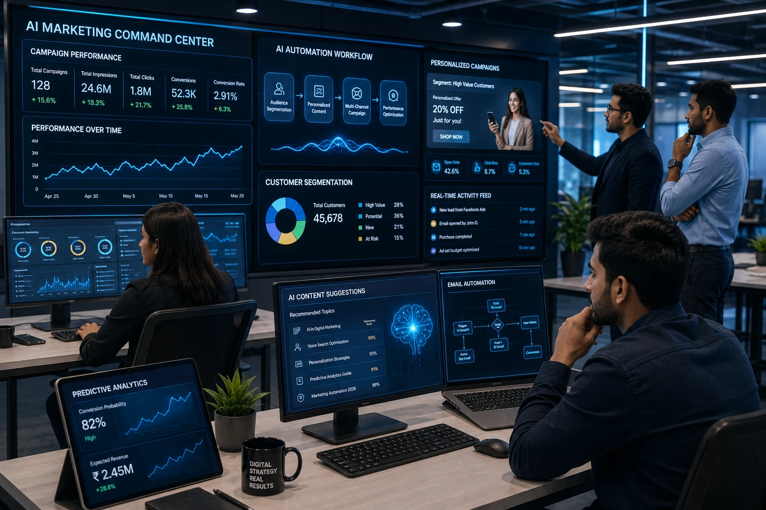 AI-powered digital marketing command center displaying predictive analytics, customer segmentation, email automation, and real-time campaign performance.