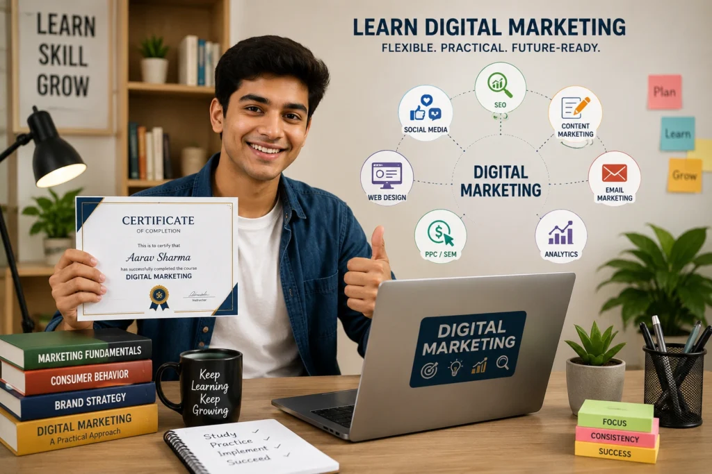 Student learning digital marketing course after completing 10th class