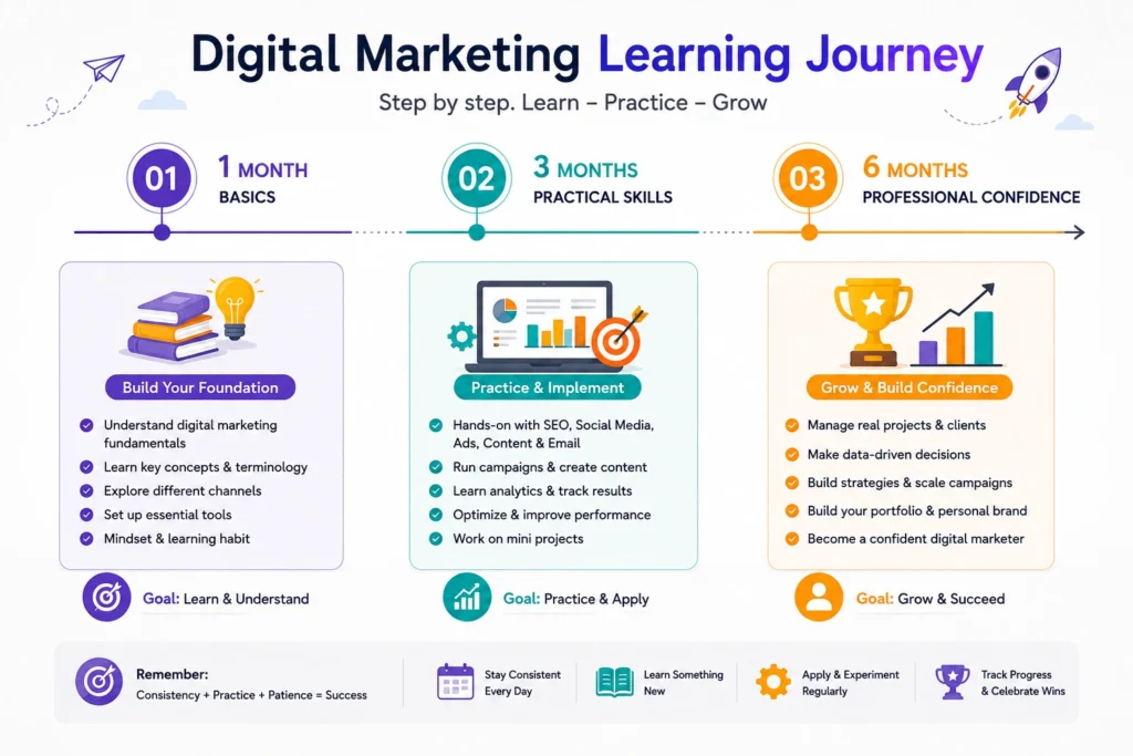 Digital marketing learning timeline from beginner to professional level