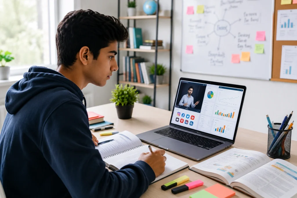 Student learning digital marketing after completing 12th grade.
