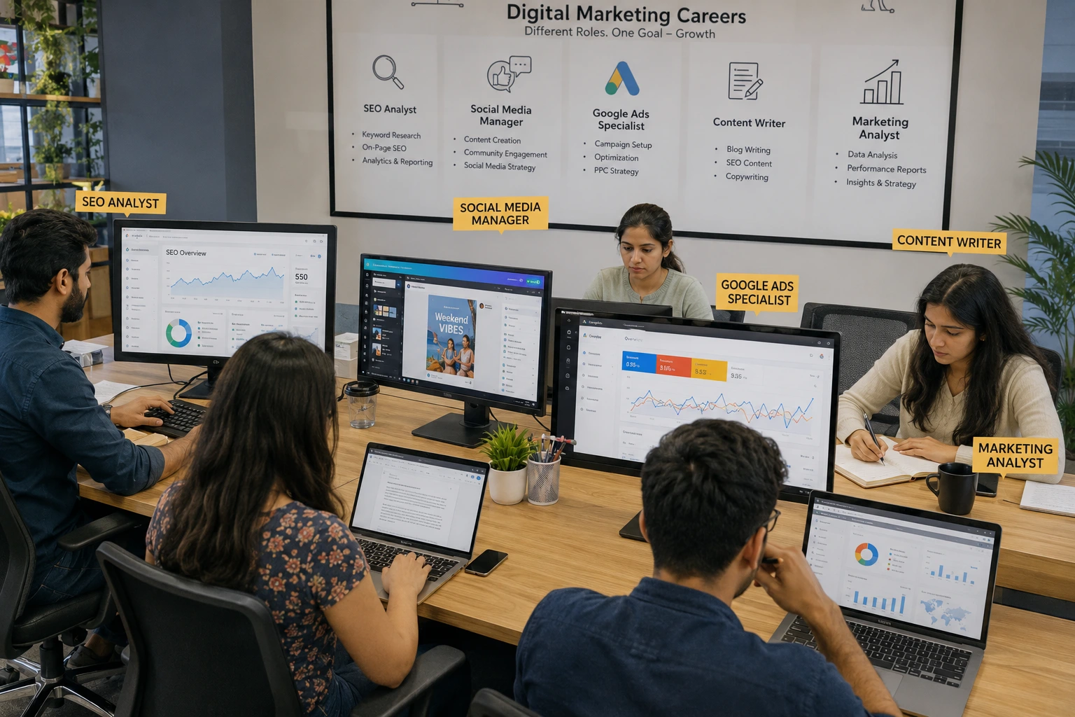 Digital marketing professionals working on SEO, Google Ads, content marketing, social media management, and analytics in a modern office.