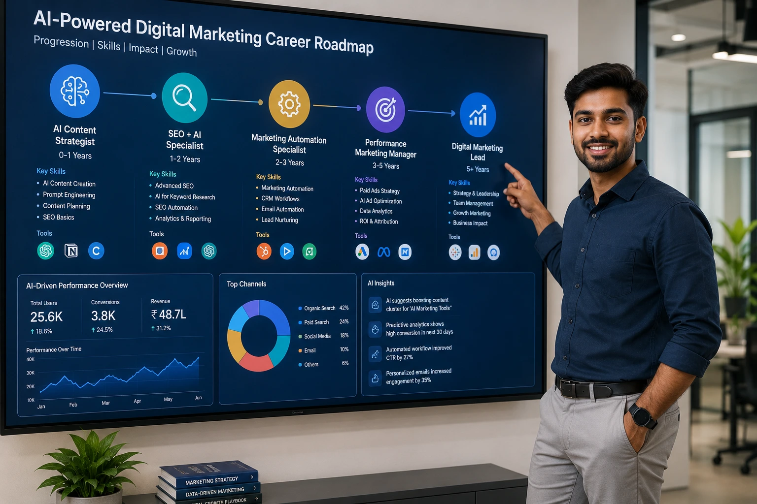 Young digital marketing professional presenting an AI-powered career roadmap featuring SEO, automation, performance marketing, and leadership roles.