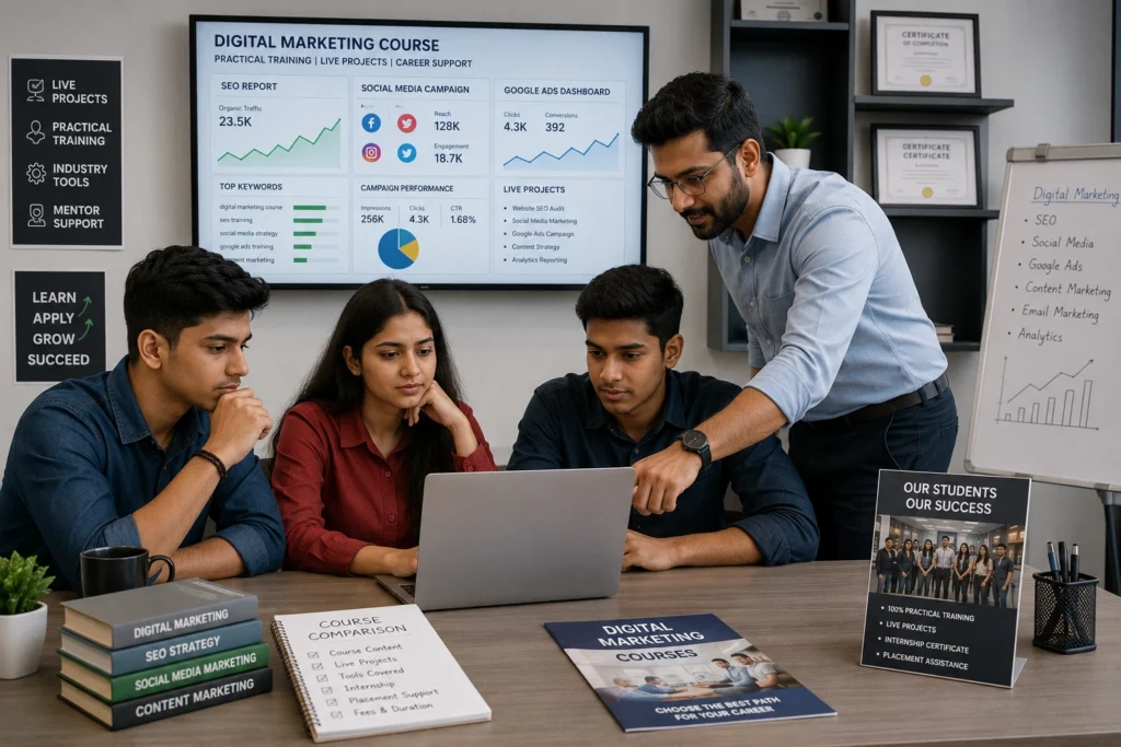 Students selecting the best digital marketing course with practical project training
