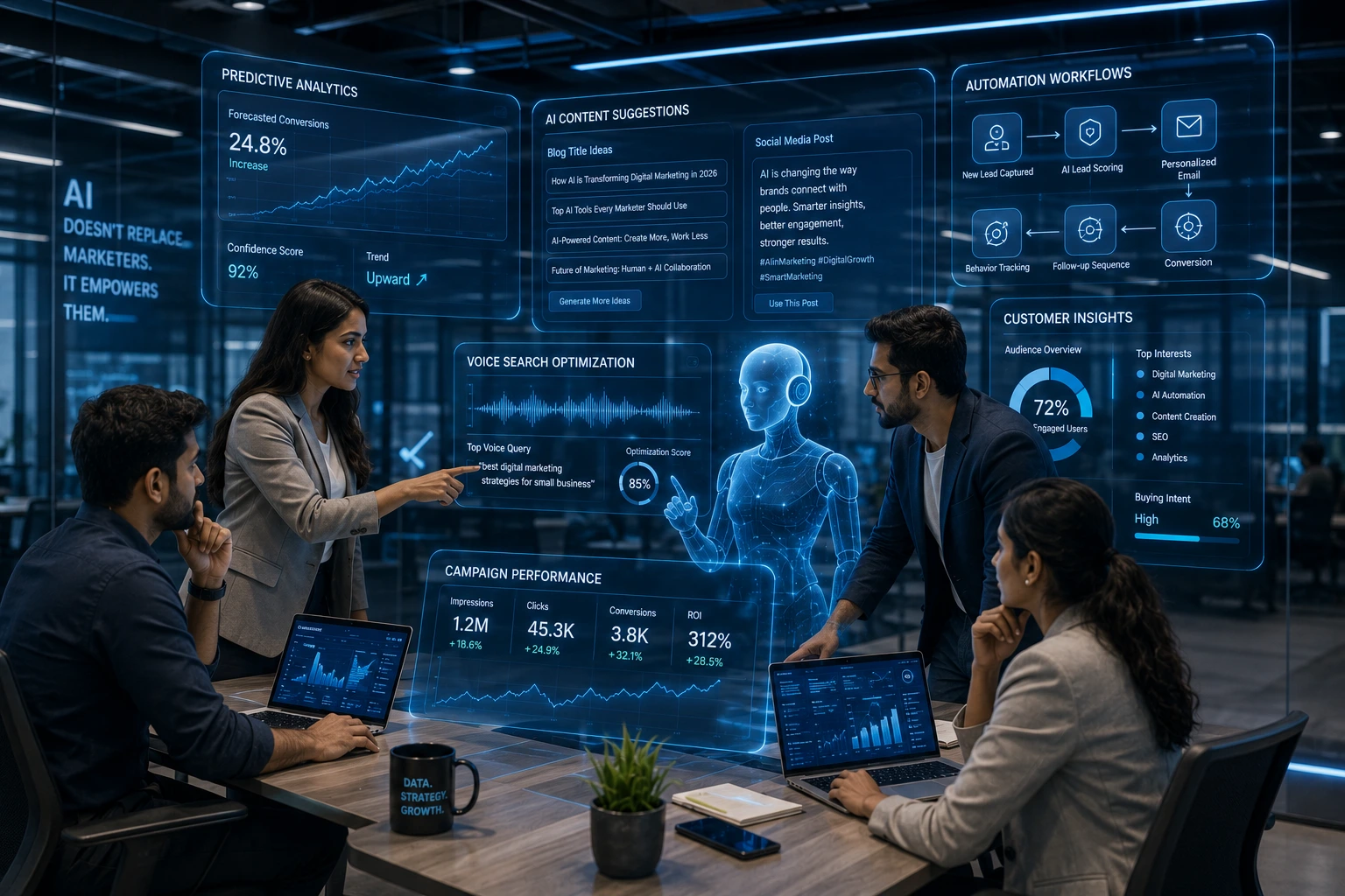 Digital marketing team collaborating with AI-powered analytics, automation workflows, predictive insights, and holographic marketing dashboards.