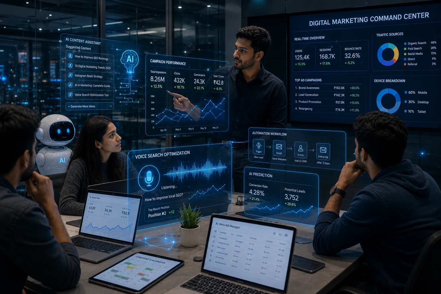 AI-powered digital marketing workspace with holographic analytics dashboards, automation workflows, and collaborative marketing professionals.