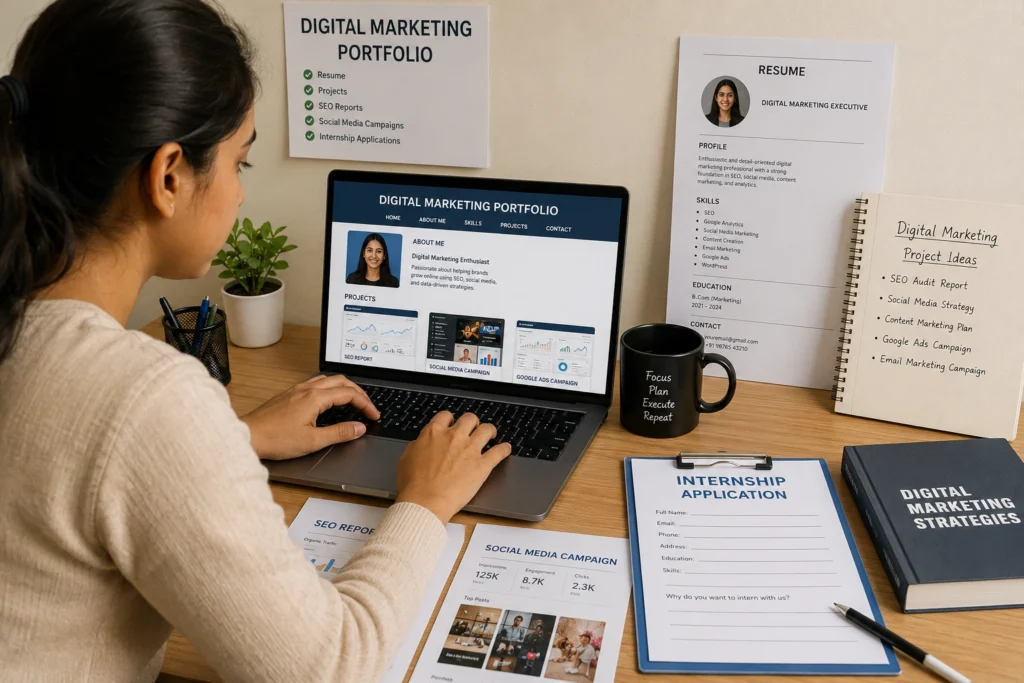 Student preparing portfolio and applying for a digital marketing internship
