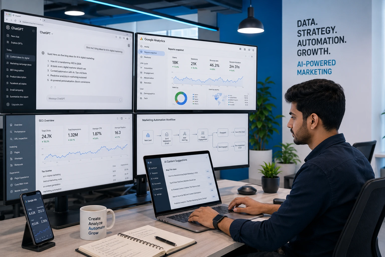 Young Indian digital marketer using AI-powered marketing tools, SEO dashboards, Google Analytics, and automation software in a modern office.