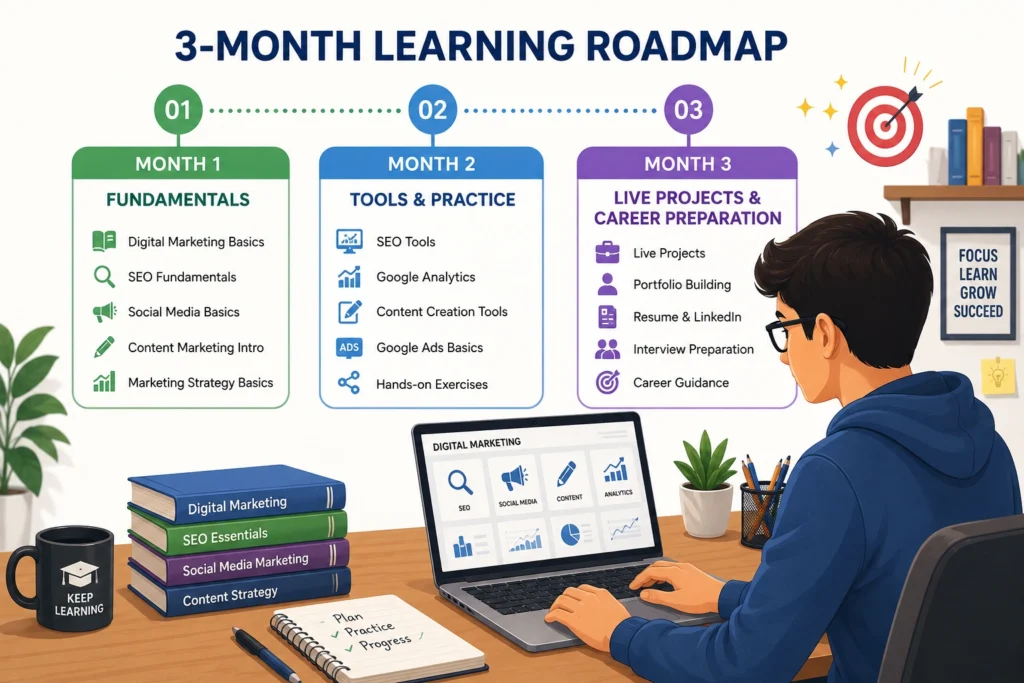 Three month digital marketing course learning roadmap for beginners