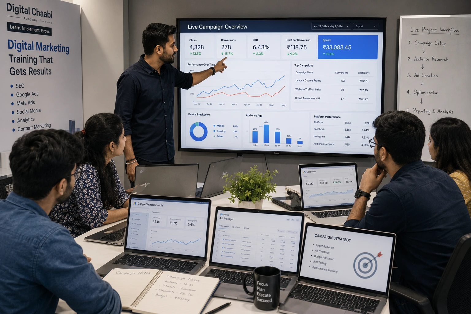 Students learning digital marketing through live SEO, Google Ads, and Meta Ads campaigns in a modern training classroom.