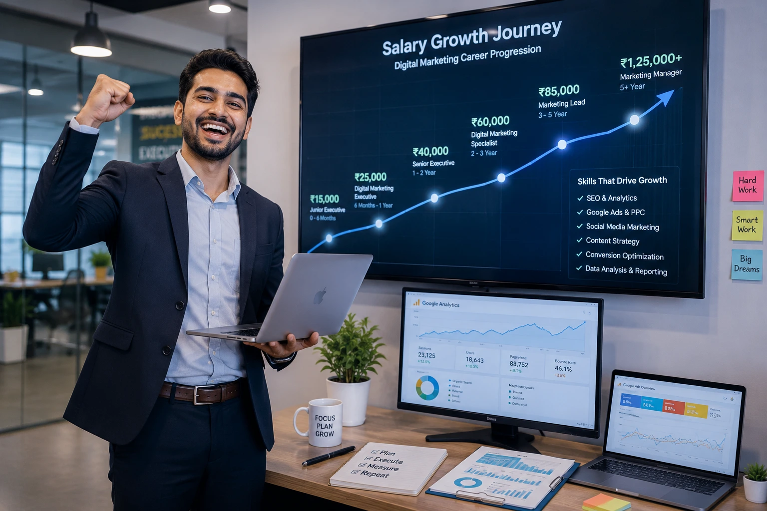 Young digital marketing professional celebrating career growth with salary progression charts and marketing analytics dashboards.