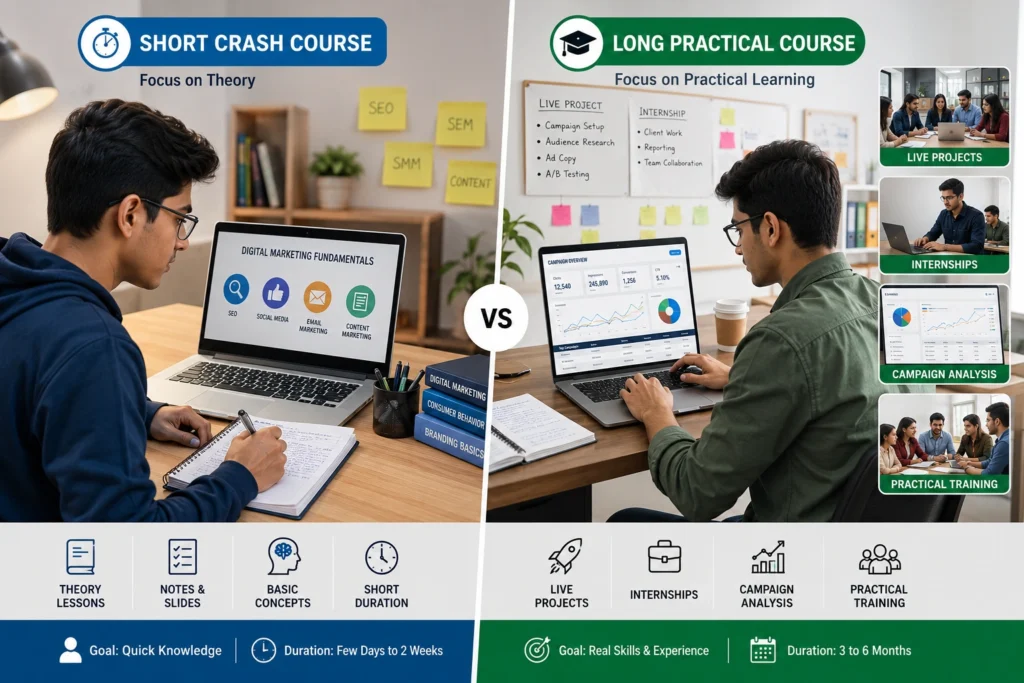 Comparison between short and long digital marketing courses.