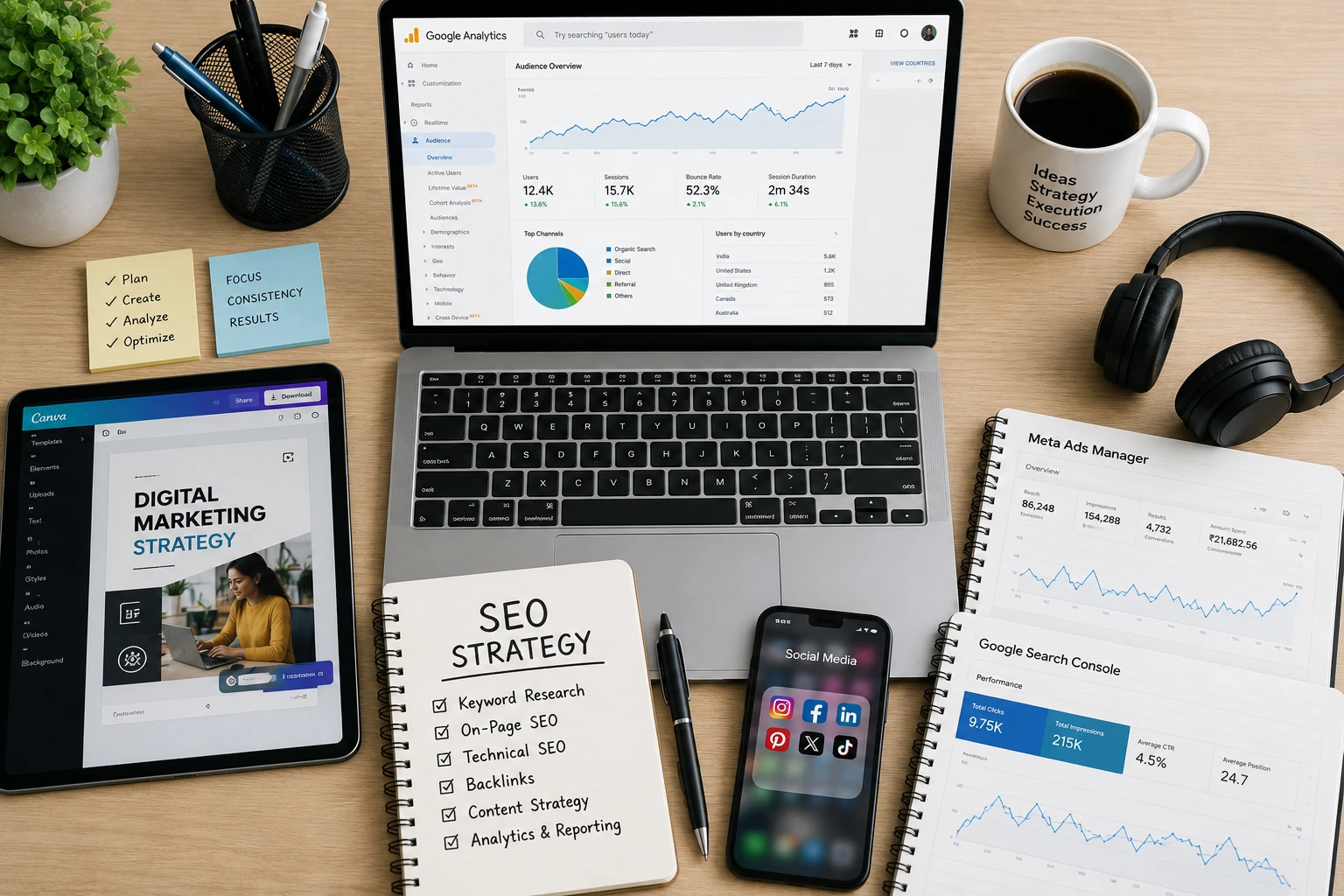 Flat lay digital marketing workspace featuring Google Analytics, SEO strategy notebook, Meta Ads dashboard, Canva, and social media tools.