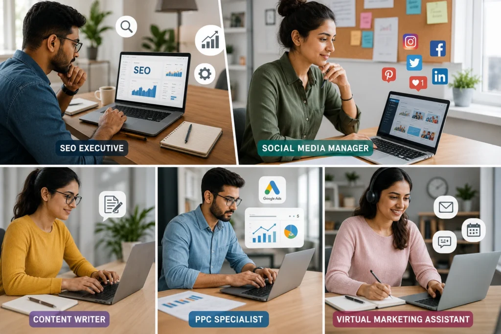 Popular online digital marketing job roles for beginners.