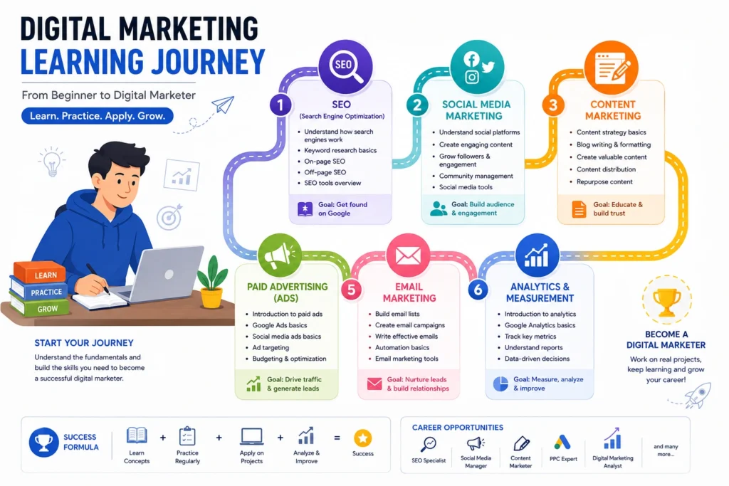 Digital marketing course basics explaining SEO, social media, ads, content and analytics