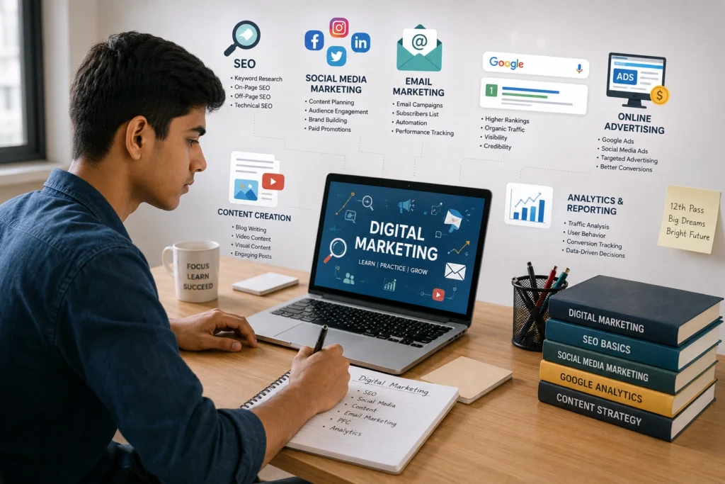 Student understanding digital marketing course concepts after completing 12th class