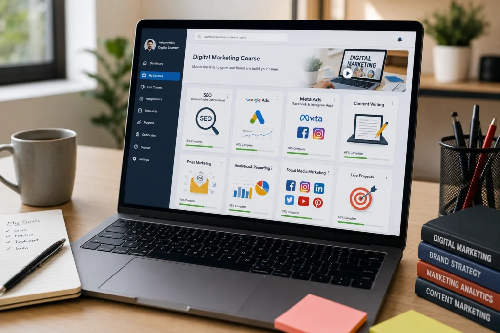 Digital marketing course syllabus covering SEO, PPC, content, and analytics.