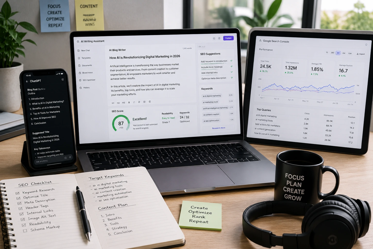 Digital marketer using AI writing tools, SEO optimization dashboards, keyword research, and Google Search Console in a professional workspace.