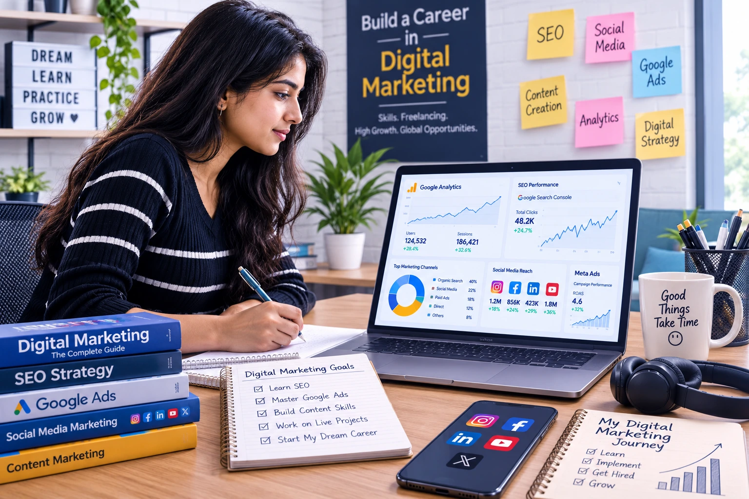 Indian student learning digital marketing on a laptop with SEO, Google Analytics, and social media marketing tools in a modern workspace.