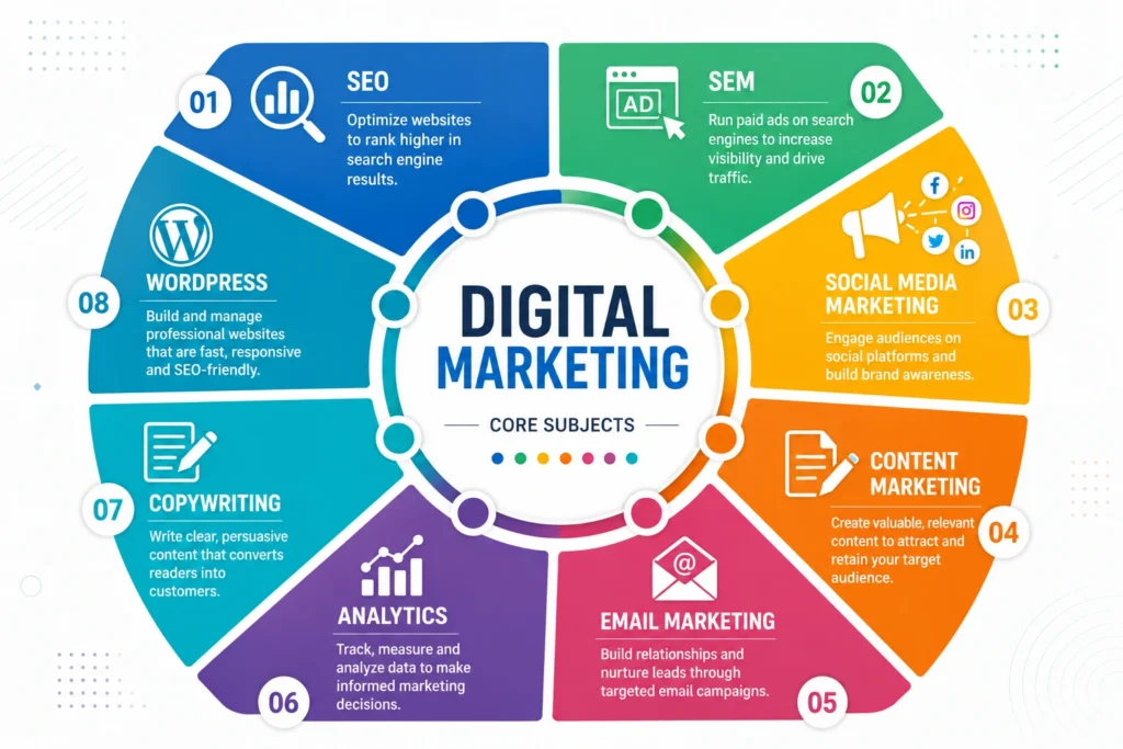 Digital marketing course subjects including SEO, SEM, social media, content marketing and analytics