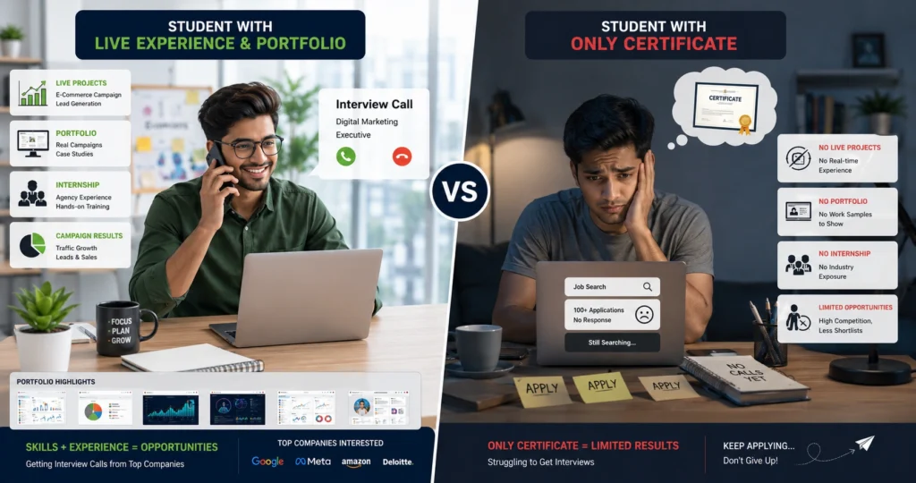 Comparison showing how practical experience affects digital marketing placements.
