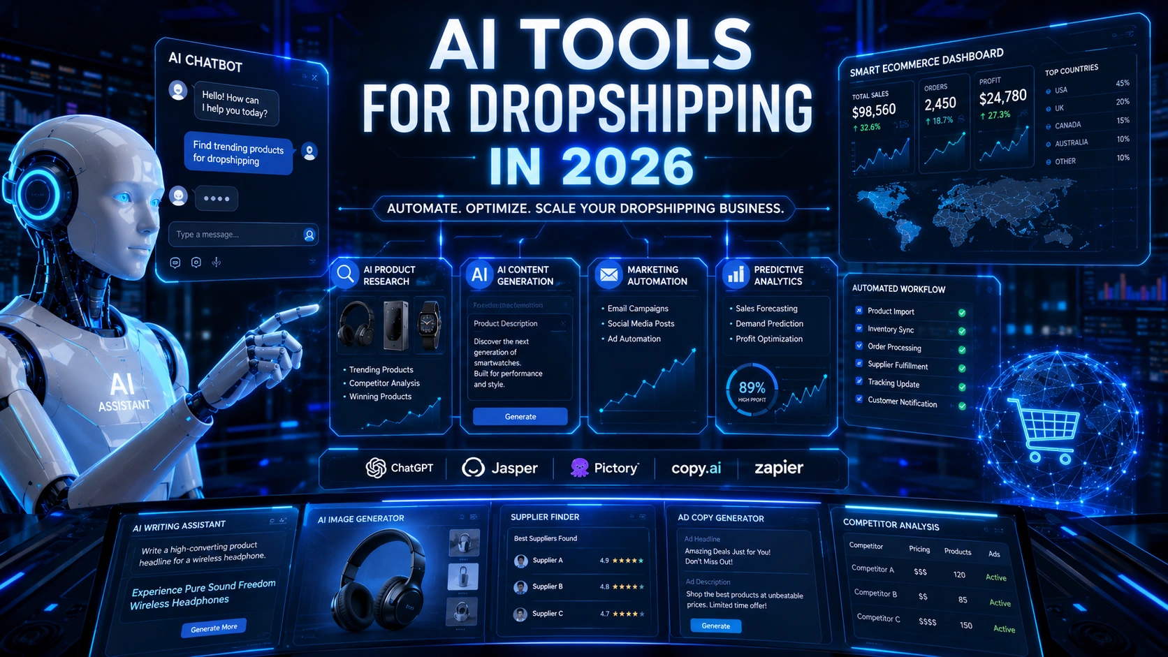 AI tools helping automate dropshipping operations and ecommerce growth in 2026.
