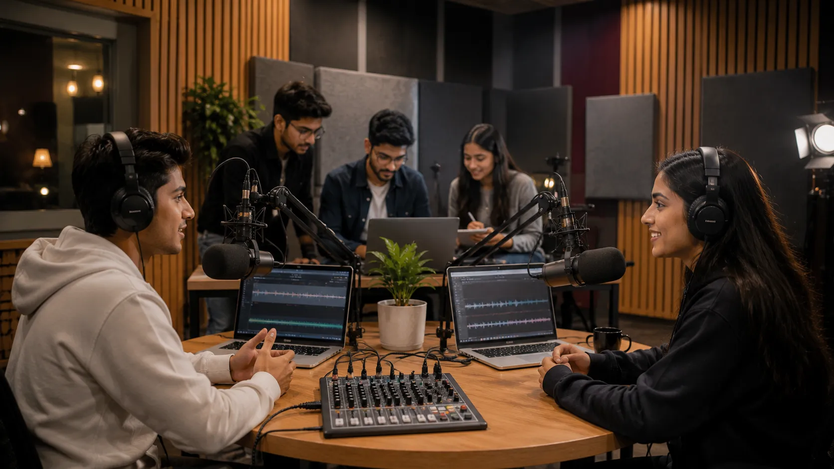 Indian students recording a professional podcast in a modern studio equipped with microphones, headphones, and audio production equipment.