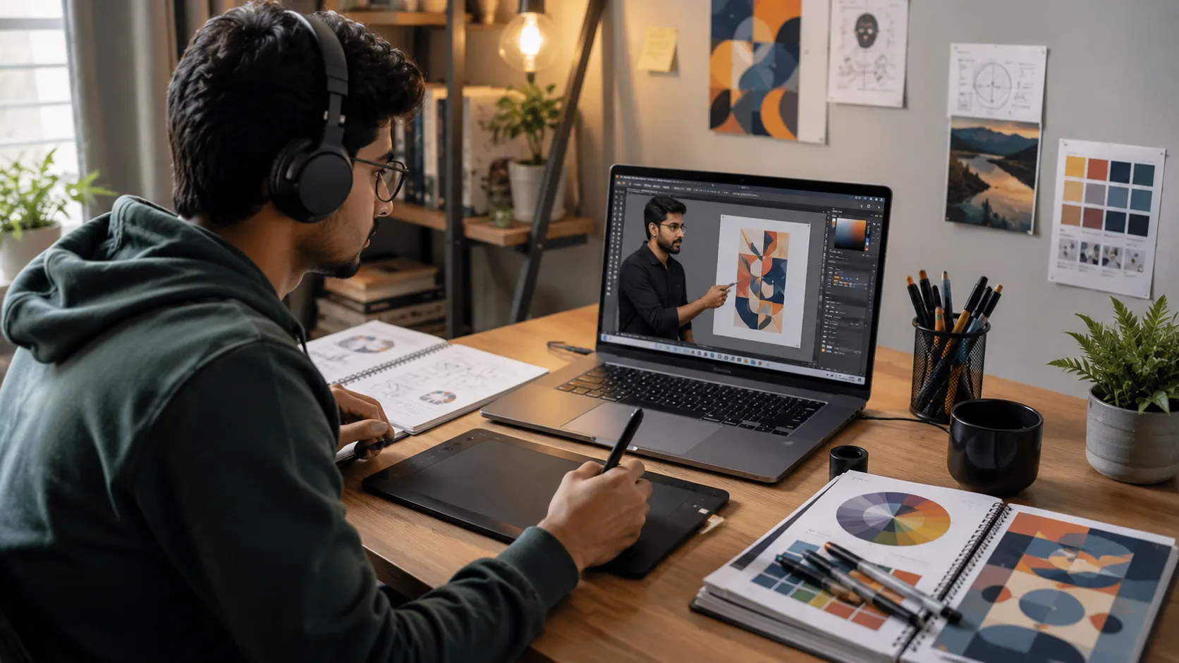 Graphic design student studying from recorded online lectures using a laptop, drawing tablet, and creative home workspace.
