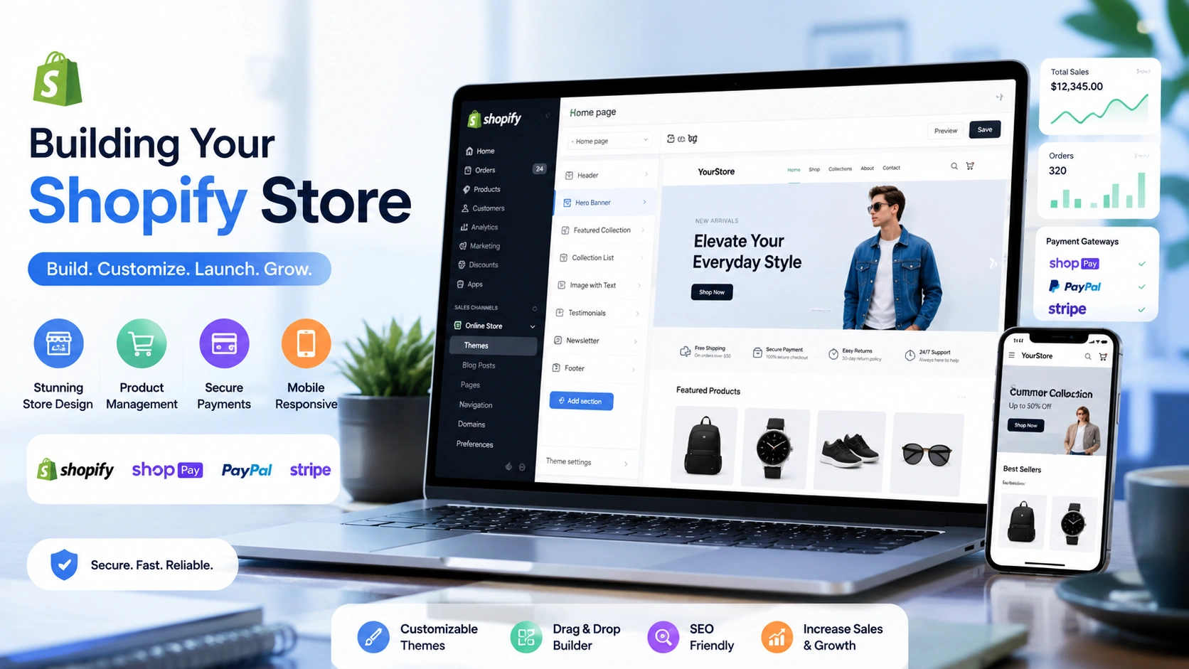 Building a Shopify ecommerce store with website customization and product page setup.