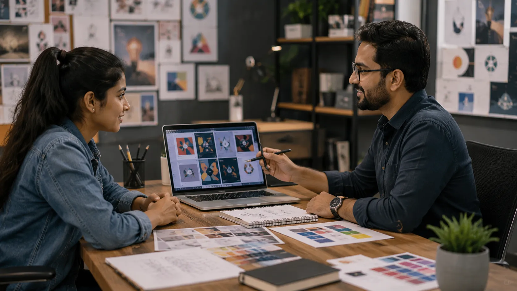 Graphic design mentor providing one-on-one career counseling and portfolio guidance to a student in a modern academy.