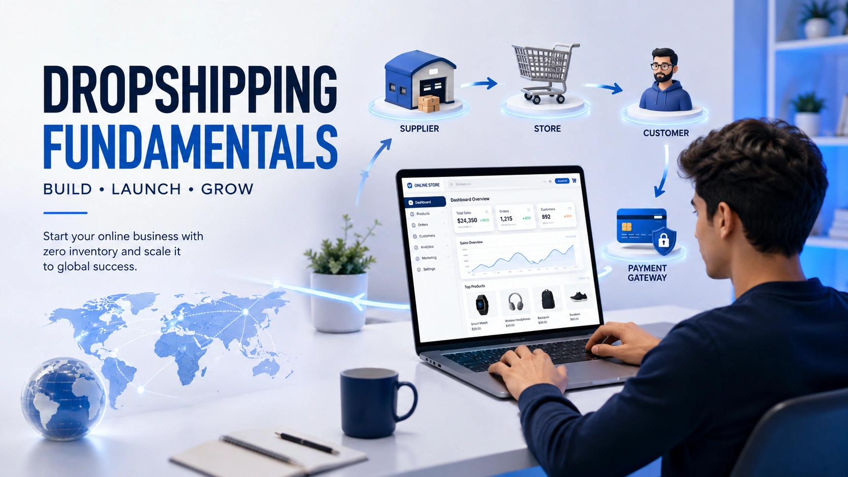 Dropshipping fundamentals training showing ecommerce workflow between supplier, online store, and customer.