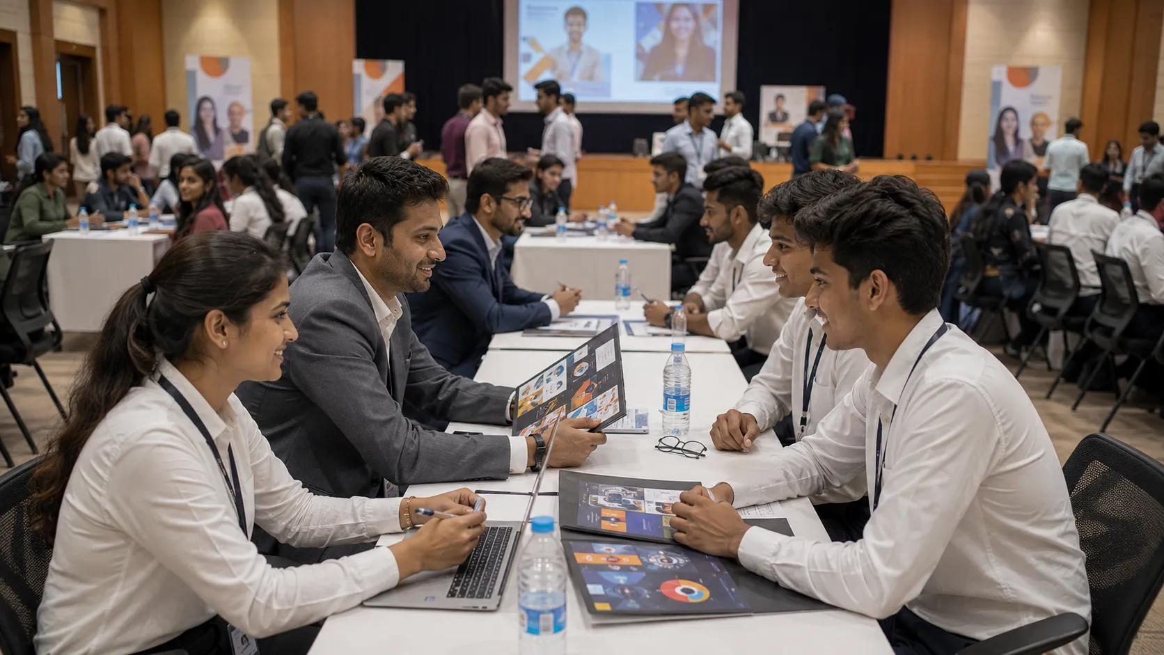 College recruitment drive featuring HR interviews, portfolio discussions, and career opportunities for graphic design students.