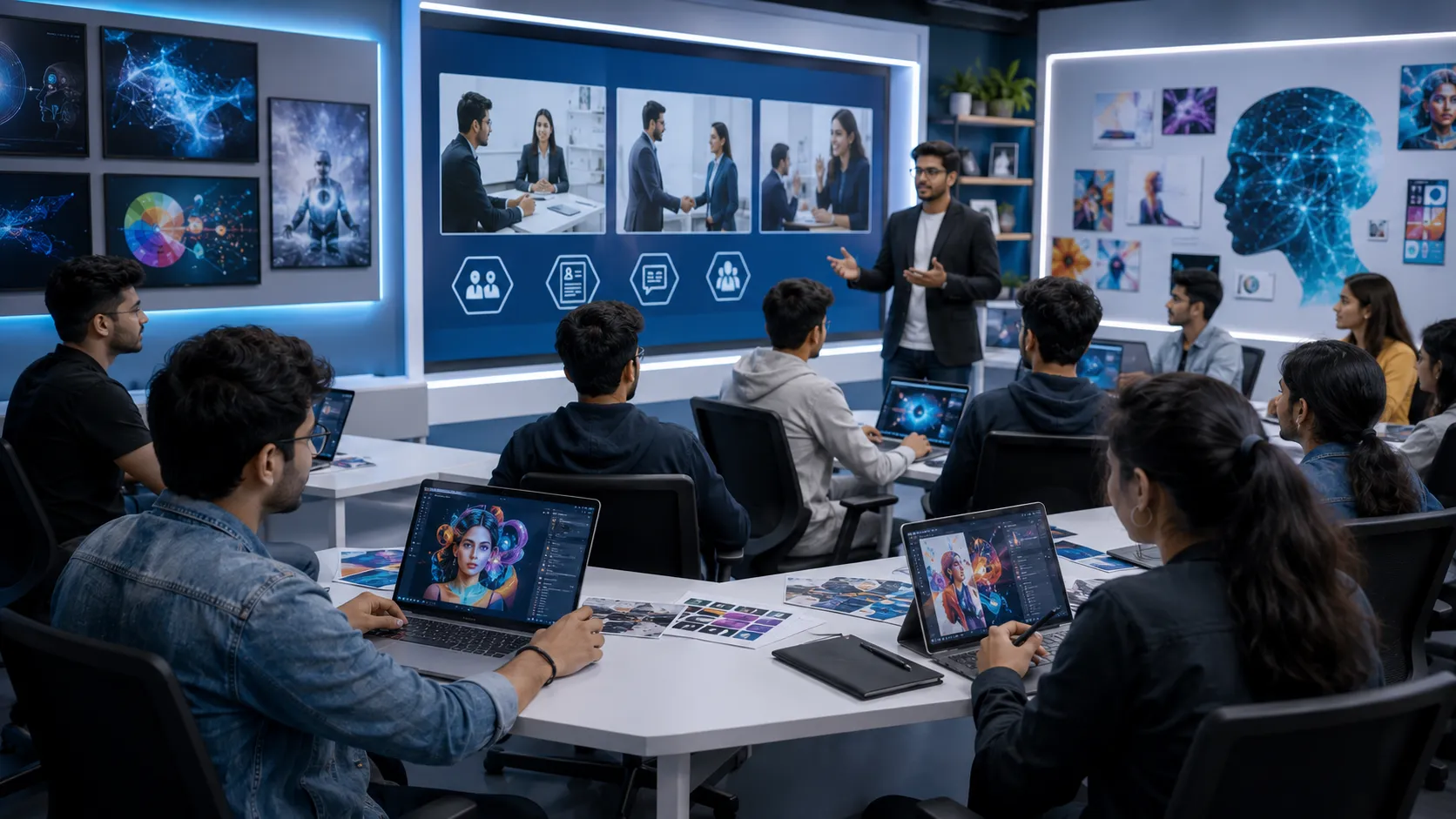 Graphic design students learning AI-powered creative tools and digital design techniques in a modern technology-enabled classroom.