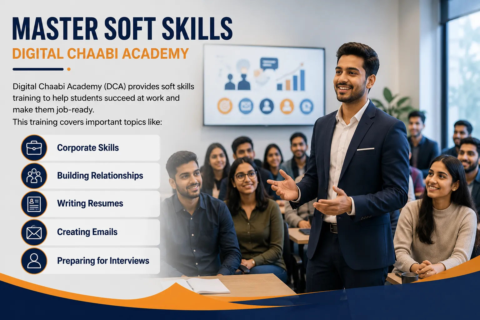 Students attending a professional soft skills training session focused on communication, resume writing, interview preparation, and workplace readiness.