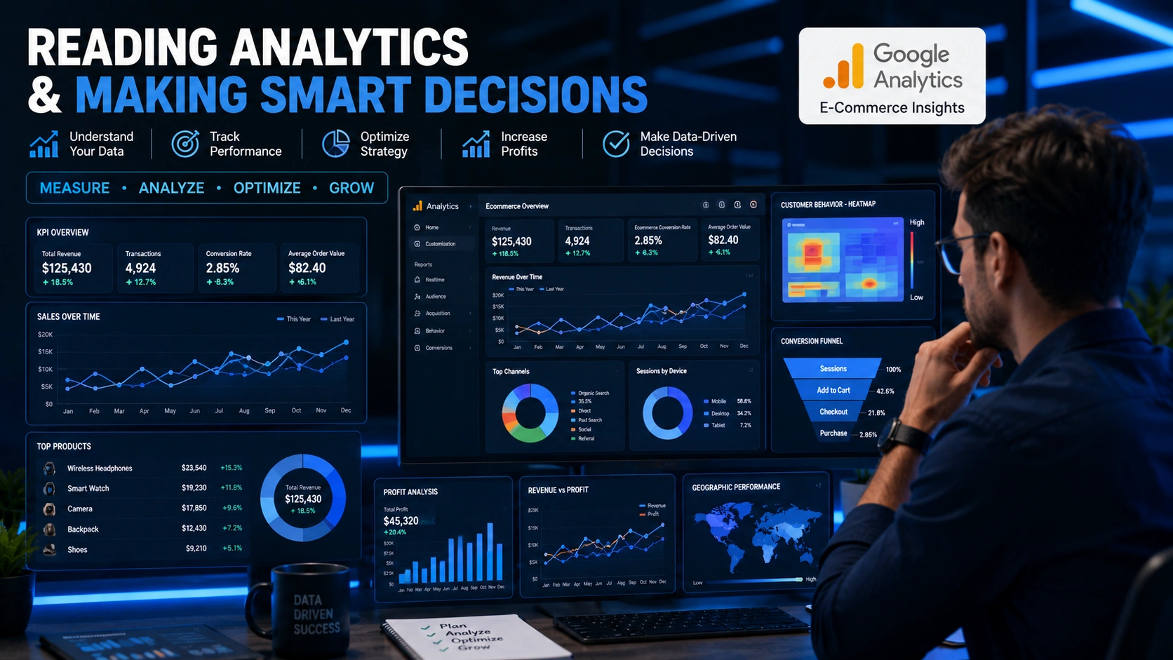 Ecommerce analytics dashboard showing sales data and smart business decision making.