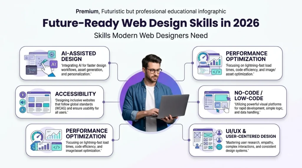 Create a futuristic but professional educational infographic titled “Future-Ready Web Design Skills in 2026”. Place a modern web designer with laptop at the center and surround them with five clearly labeled skill areas AI-Assisted Design, Accessibility, Performance Optimization, No-CodeLow-Code, UIUX & User-Centered Design. Include subtle AI interface elements, accessibility symbols, speedperformance indicators, visual website builders and UX wireframes. Maintain a premium education-industry aesthetic with a clean white background, purple, blue and teal accent palette, geometric shapes, thin connecting lines, rounded cards, subtle shadows and modern typography. Avoid overly futuristic neon effects; keep it professional, clean and trustworthy. Add subtitle “Skills Modern Web Designers Need”. 169 landscape, high-resolution, website-ready infographic.