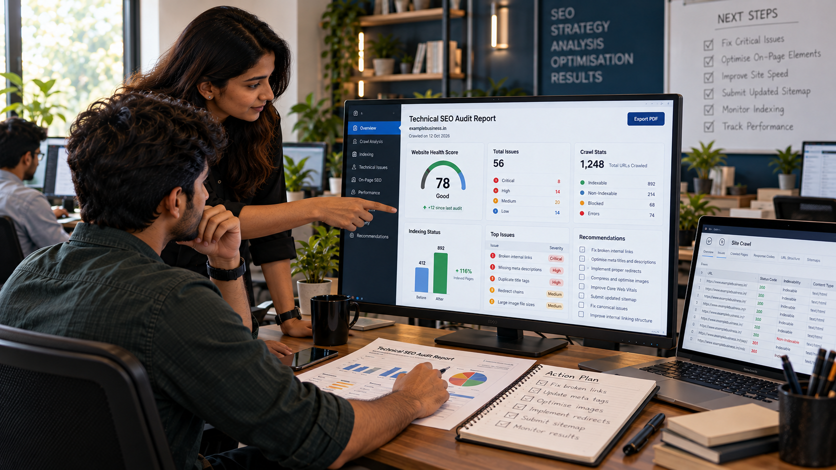 Digital marketing team collaborating on a technical SEO audit using desktop monitors