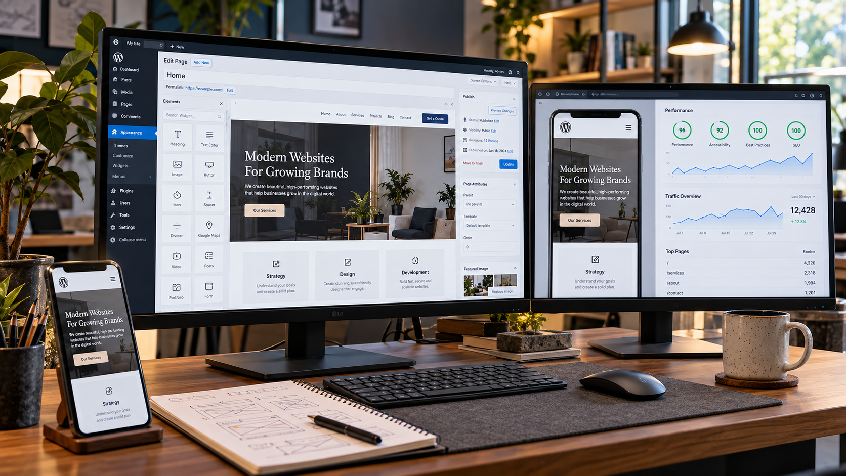Modern WordPress web design workspace with dual monitors displaying website layouts and development tools